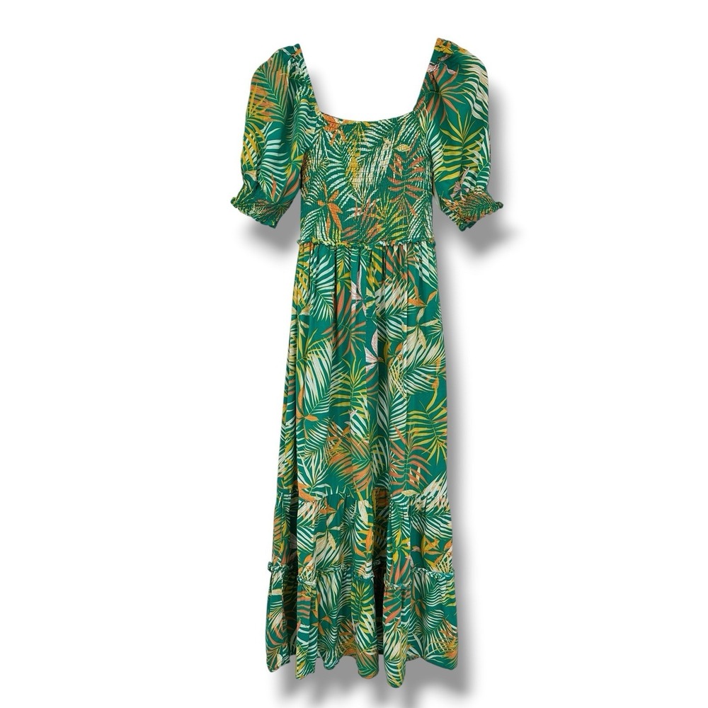 Betsey Johnson Tropical Tiered Maxi Dress XS Puff Sleeve‎ Smocked Boho Resort
